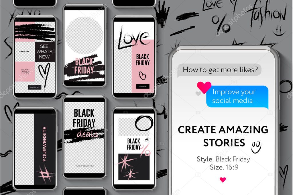 Editable Instagram Stories template. Black Friday, streaming, vector illustration.