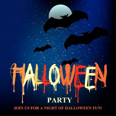 Cadılar Bayramı partisi banner, dolunay ve yarasalar, vektör çizim arka plan.