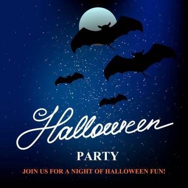 Cadılar Bayramı partisi banner, dolunay ve yarasalar, vektör çizim arka plan.