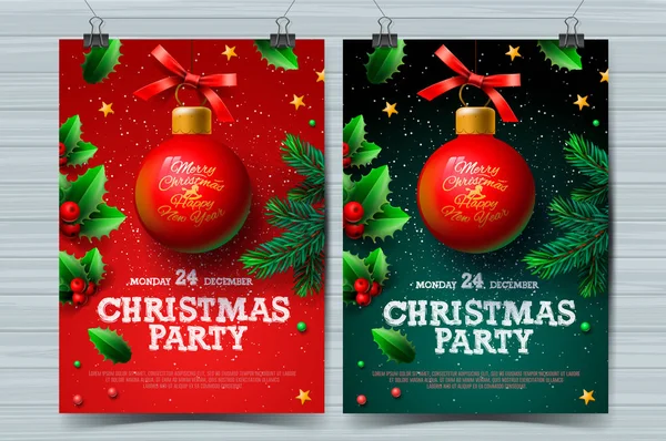 Karácsonyi party design sablonok, plakátok és labdát karácsonyi dekoráció, vektoros illusztráció. — Stock Vector