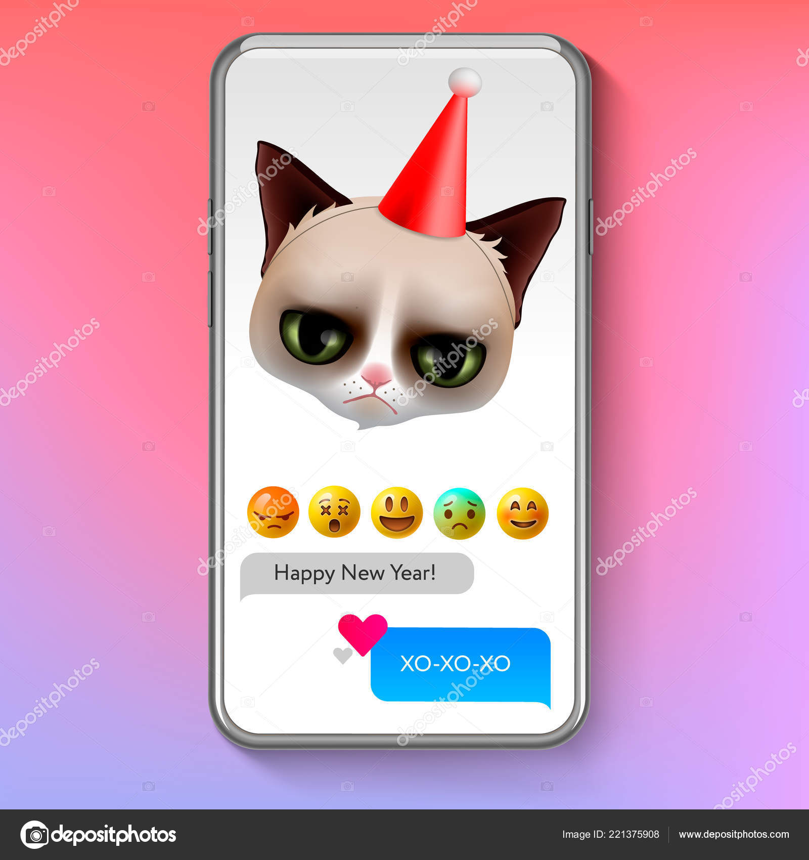 クリスマス絵文字気難しい猫サンタ帽子、休日の笑顔の顔の絵文字、ベクトル イラスト. ストックベクター ©ikopylove 221375908, image size:1600x1700