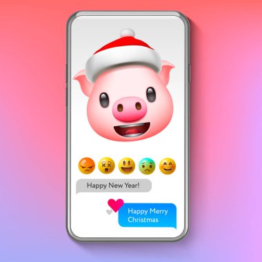 Noel emoji domuz Santas şapka, tatil gülümsemek yüz ifade, vektör çizim.