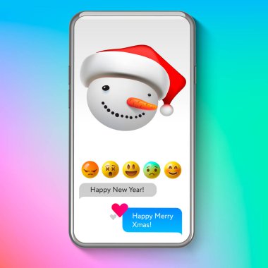 Noel emoji kardan adam Santas şapka, tatil gülümsemek yüz ifade, vektör çizim.