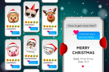 Neşeli Noel hikayeleri şablonu. Xmas Emojis gülen yüz, akarsu, illüstrasyon vektör