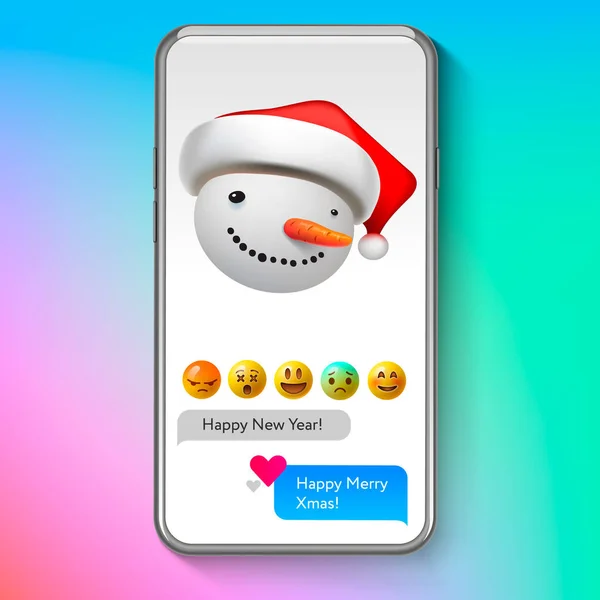 Christmas emoji snögubbe i Santas hatt, holiday leende ansikte uttryckssymbol, vektorillustration. — Stock vektor