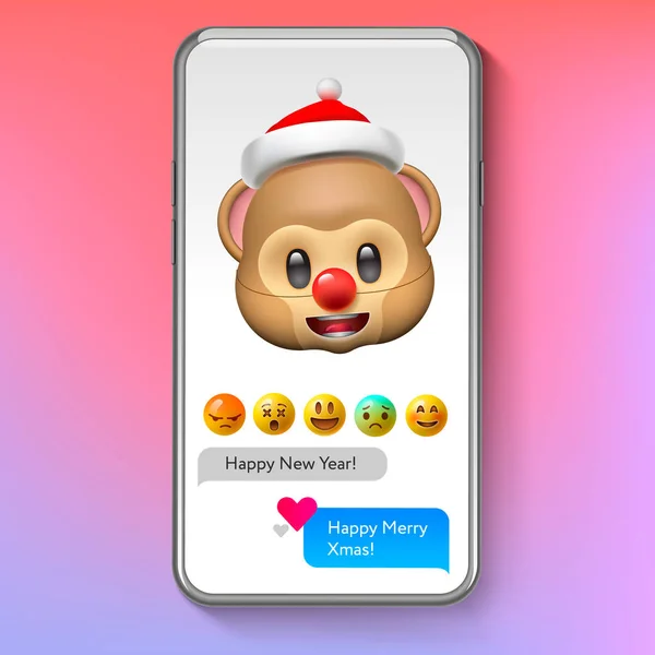 Kerst emoji Monkey in Santas hoed, vakantie glimlach gezicht emoticon, vectorillustratie. — Stockvector