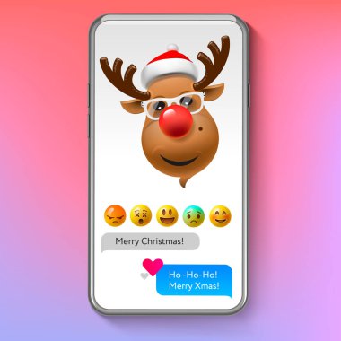 Noel emoji Ren geyiği Santas şapka, tatil gülümsemek yüz ifade, vektör çizim.