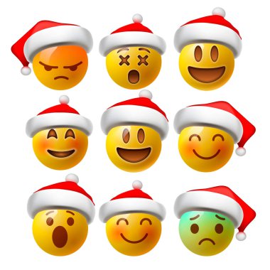 Noel gülen yüz emojis veya parlak 3D ile Noel Babalar şapka, vektör çizim gerçekçi sarı ifadeler.