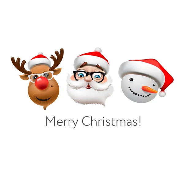 Conjunto Ícones Emoticon Férias Símbolos Emoji Natal Renas Papai Noel — Vetor de Stock