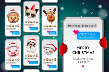 Neşeli Noel hikayeleri şablonu. Xmas Emojis gülen yüz, akarsu, illüstrasyon vektör.