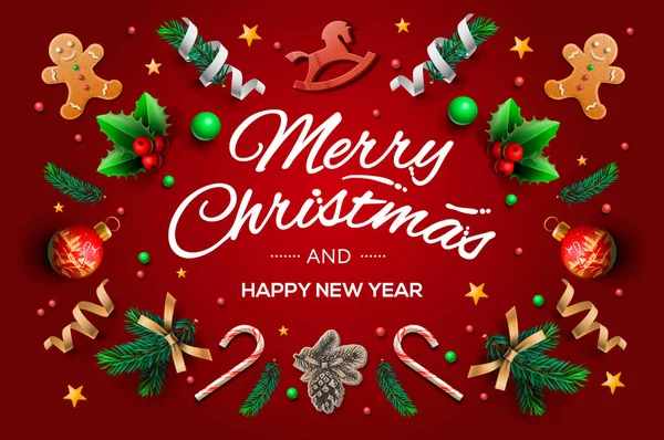 カリグラフィ シーズン願いとクッキー、星、果実、クリスマス ツリーの飾り、松の枝などお祭り要素の組成とクリスマスのグリーティング カード。ベクトル図. — ストックベクタ