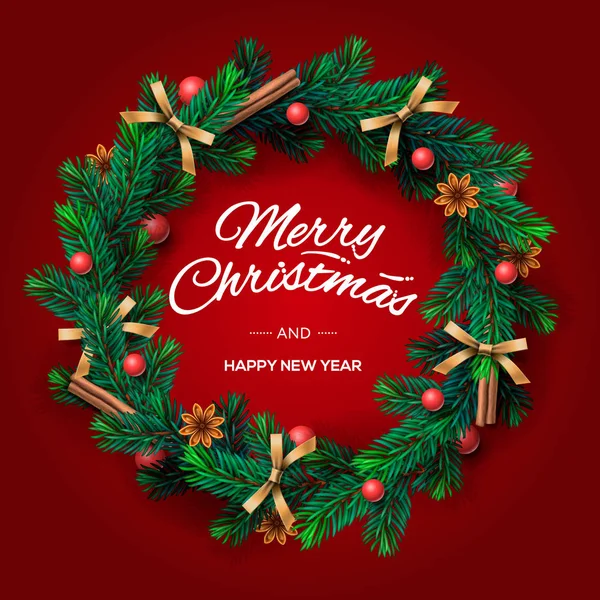 Ghirlanda di Natale fatta di rami di pino dall'aspetto naturalistico decorati con archi d'oro, bacche rosse e spezie, illustrazione vettoriale . — Vettoriale Stock