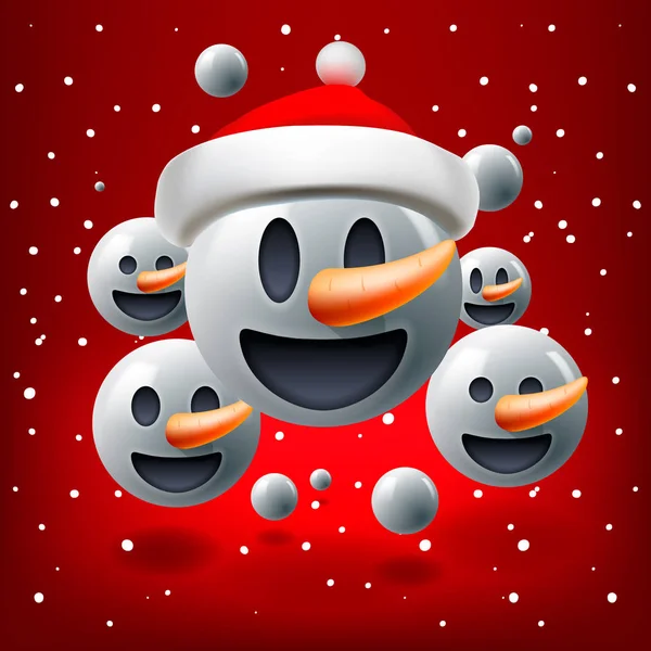 Noel kavramı insanların ekip çalışması, kırmızı arka plan ile gülen kardan adam ifade Santas şapka, emoji, vektör çizim ile grup için. — Stok Vektör