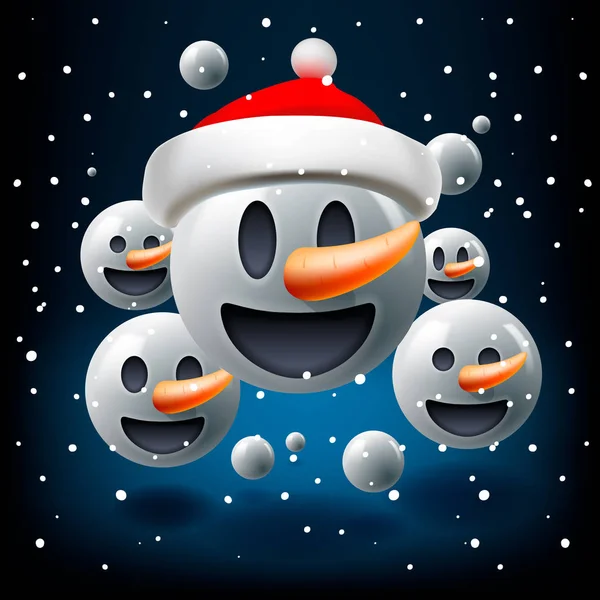 스마일 눈사람 이모티콘 산타의 Emoji 일러스트 팀워크 파란색 배경과 크리스마스 — 스톡 벡터
