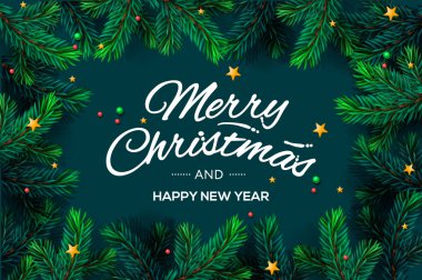 Neşeli Noel ve mutlu yeni yıl yazı ile Noel ağacı dalları kalıp, vektör çizim.
