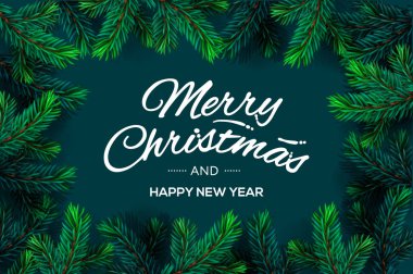 Noel ağacı dalları sınır çerçeve, vektör çizim ile neşeli Noel ve mutlu yeni yıl metin şablonu.