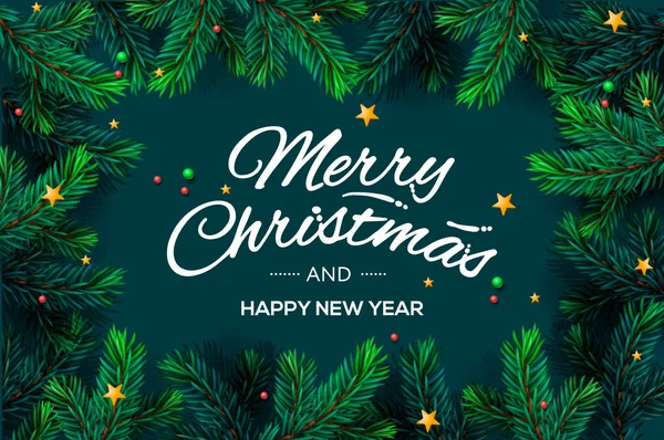 Feliz Natal Feliz Ano Novo Lettering Com Árvore Natal Ramos — Vetor de Stock