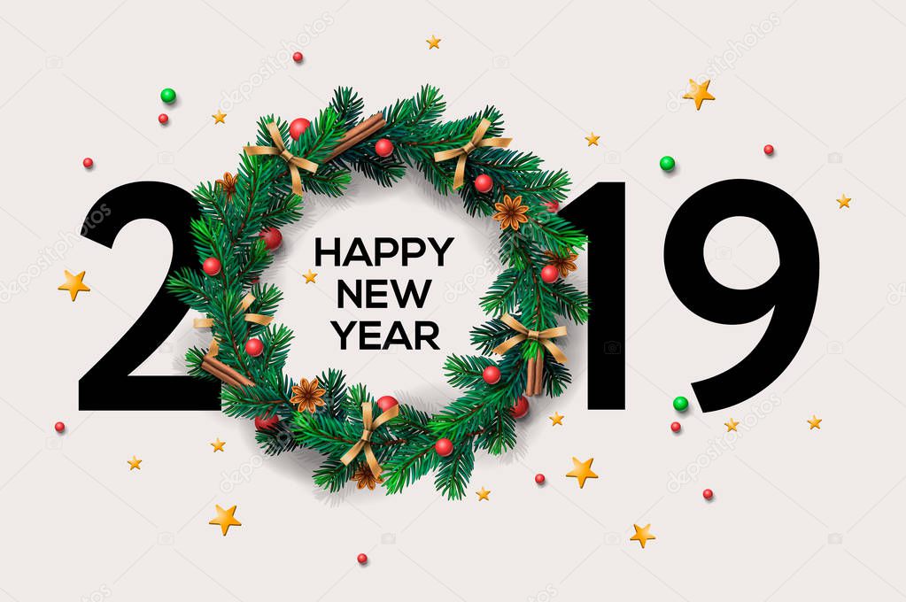 2019 Happy New Year or Christmas background creative design for your greetings card, flyers, invitation, posters, brochure, banners, calendar, vector illustration