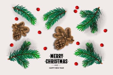 Neşeli Noel ve mutlu yeni yıl tasarım ile çam dalları, çam kozalakları, kırmızı meyveler, vektör çizim.