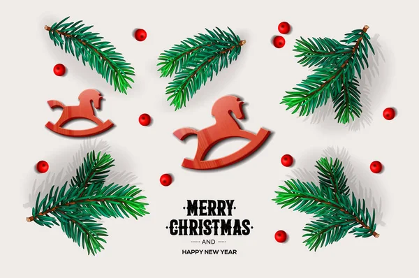 Feliz Navidad y Feliz Año Nuevo diseño con ramas de abeto, balanceo caballo de juguete, bayas rojas, vector de ilustración . — Archivo Imágenes Vectoriales