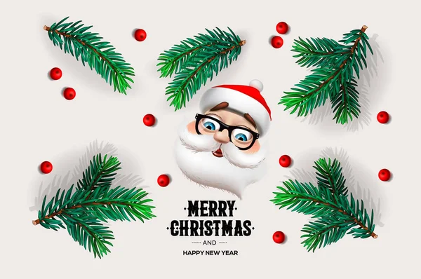 Neşeli Noel ve mutlu yeni yıl tasarım ile çam dalları, Noel Baba, kırmızı meyveler, vektör çizim — Stok Vektör
