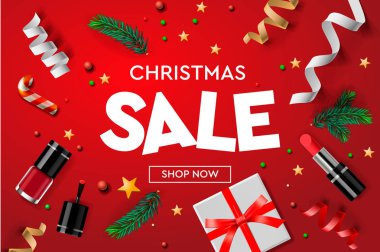 Noel süsler, hediyeler, kozmetik, yıldız, konfeti ve çam dalları Noel satış poster şablonu. Online alışveriş, Web sitesi poster, vektör çizim.