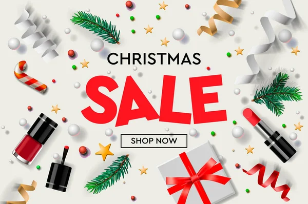 Χριστούγεννα πώληση αφίσας πρότυπο με χριστουγεννιάτικα στολίδια, δώρα, καλλυντικά, αστέρια, κομφετί και έλατα κλαδιά. Online αγορές, εικονογράφηση διάνυσμα. — Διανυσματικό Αρχείο