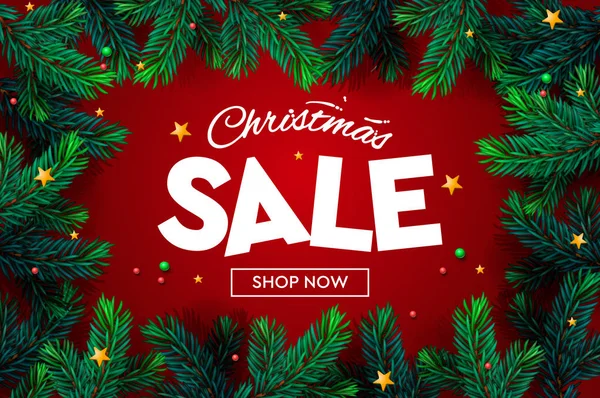Karácsony kiárusítás banner, csillogó karácsonyi fények, karácsonyfa ága. Vízszintes karácsonyi poszterek, kártyák, fejlécek, weboldal vektoros illusztráció. — Stock Vector