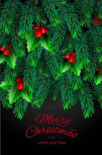 現実的な探してクリスマス ツリーの枝と赤いヒイラギの果実 ベクトル イラスト背景 — ストックベクタ