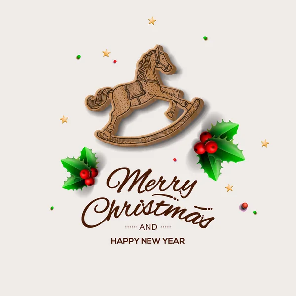 Tarjeta de felicitación de Navidad de estilo minimalista con caballo mecedora de madera, ilustración vectorial . — Archivo Imágenes Vectoriales