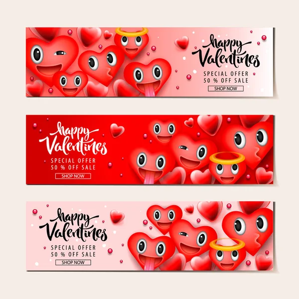 San Valentín fondo venta día con emoticonos corazón, emoji caras sonrientes, ilustración vectorial. Fondos de pantalla, folletos, invitación, carteles, folleto, cupón, pancartas . — Archivo Imágenes Vectoriales