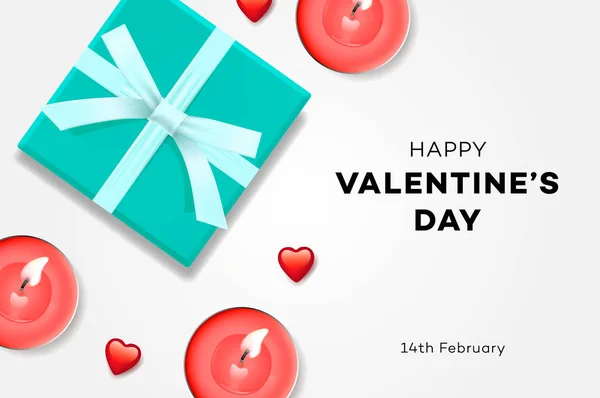 Happy Valentines day achtergrond, symbool van liefde, zoete blauwe geschenkdoos en kaarsen, wenskaart, vector illustratie. — Stockvector