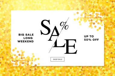 Altın satış arka planda çerçeve. Altın glitter afiş, poster, alışveriş, satış için işaret, indirim, pazarlama, shoping, afiş, web, başlık. Altın zemin metin soyut, illüstrasyon vektör.