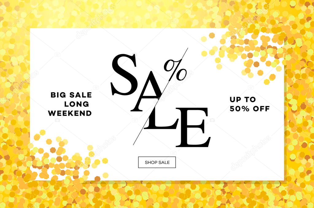 Gold sale background in frame. Golden glitter flyer, poster, shopping, for selling sign, discount, marketing, shoping, banner, web, header. Abstract golden backdrop text, vector illustration.