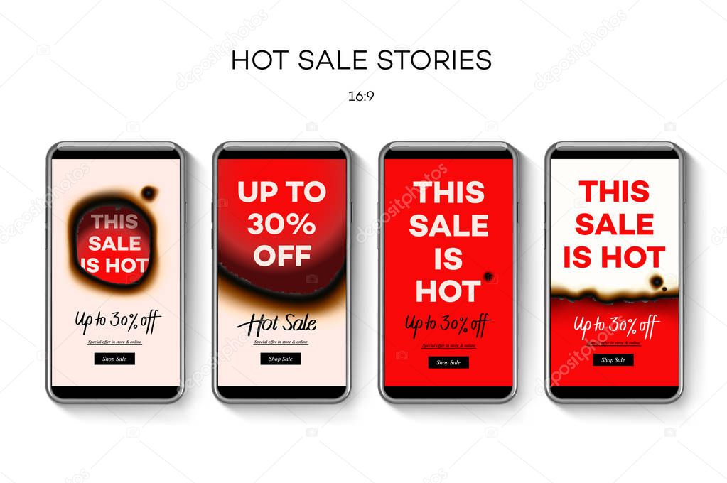 Set of stories hot sale templates, year end sale can use for backdrop, website, mobile app, poster, flyer, coupon, gift card, smartphone template, web design, vector illustration.