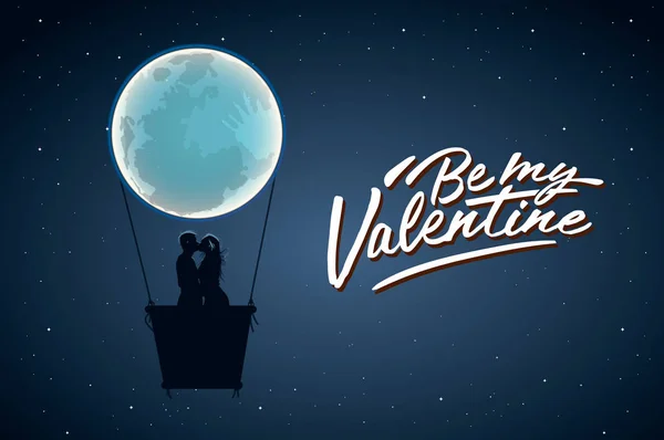 Sé mi Valentine. Silueta de pareja cariñosa besándose contra la luna llena, ilustración vectorial . — Archivo Imágenes Vectoriales