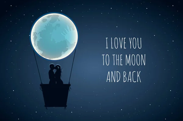 I love you to the moon and back. Cute positive lover slogan with full moon and lovers in hot air. Use for wishes, Valentines Day, date, wedding, posters, postcards, vector illustration. — Stock Vector