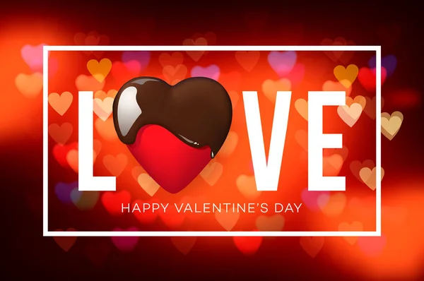 Banner web per San Valentino. Vista dall'alto sulla composizione con cuore di cioccolato, sfondo sfocato, illustrazione vettoriale . — Vettoriale Stock