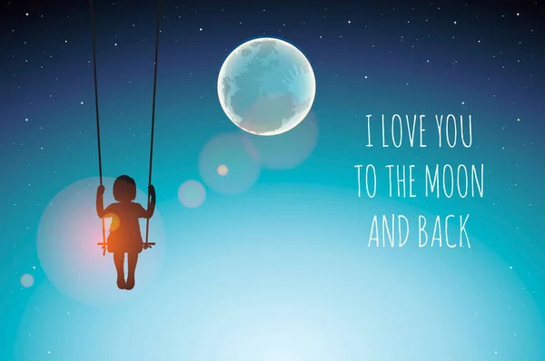 Силуэт маленькой девочки на качелях против полнолуния. Я люблю тебя до Луны и обратно, векторная иллюстрация . — стоковый вектор