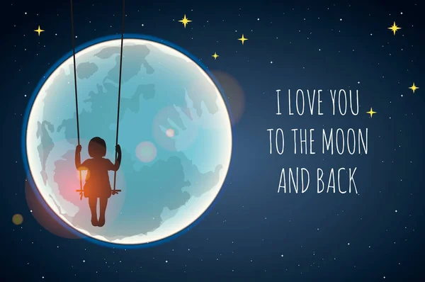 Silhouette of Little girl on a swing against the full moon. I love you to the moon and back, vector illustration. — Stock Vector