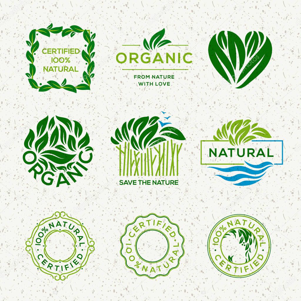 Organic food labels and elements, set for food and drink, restaurants and organic products vector illustration.