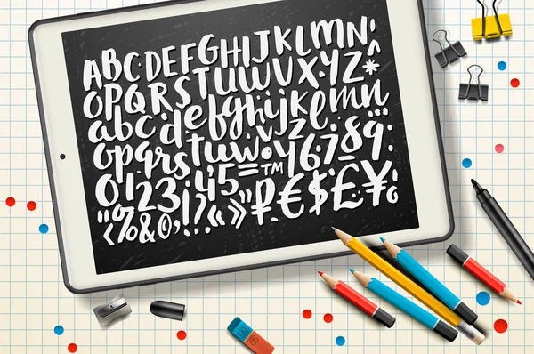 Handwritten brush letters, symbols, numbers, chalkboard background, vector illustration. — Stock Vector