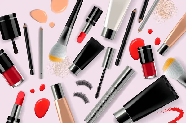 Make-up Banner Vorlage für Online-Beauty-Shop. Plakatgestaltung mit Beauty-Produkten und Kosmetik. Online-Shopping. Vektorillustration. — Stockvektor