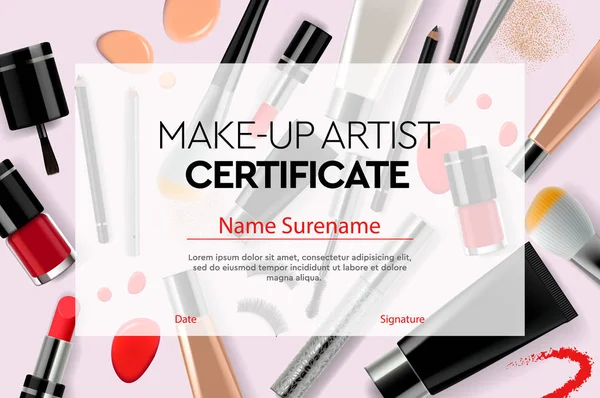 Certificaat make-up artiest, onderwijs, make-up school, vectorillustratie. — Stockvector