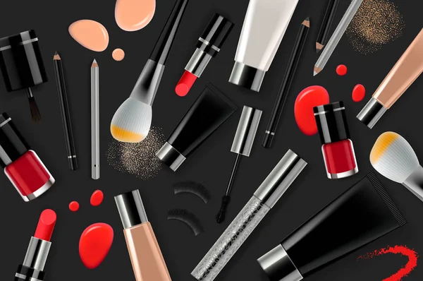 Make-up Banner Vorlage für Online-Beauty-Shop. Plakatgestaltung mit Beauty-Produkten und Kosmetik. Online-Shopping. Vektorillustration. — Stockvektor