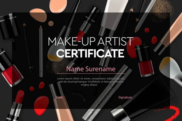 Certificado artista de maquillaje, educación, escuela de maquillaje, ilustración de vectores . — Vector de stock