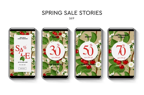 Ensemble de bannières Web Spring Sale pour les applications mobiles de médias sociaux. Vente et rabais promo, illustration vectorielle . — Image vectorielle