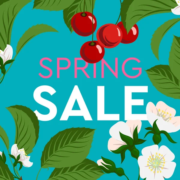 Advertentie over de verkoop van de lente op achtergrond met prachtige kersenbloesem. Vectorillustratie. — Stockvector