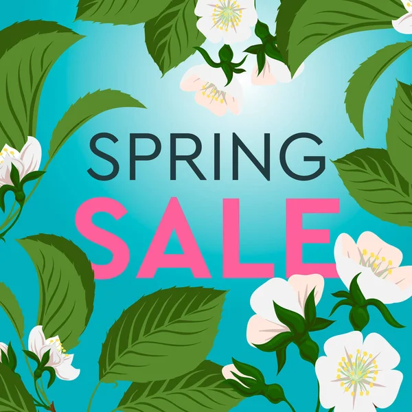 Anúncio sobre a venda de primavera no fundo com bela flor de cereja. Ilustração vetorial . —  Vetores de Stock
