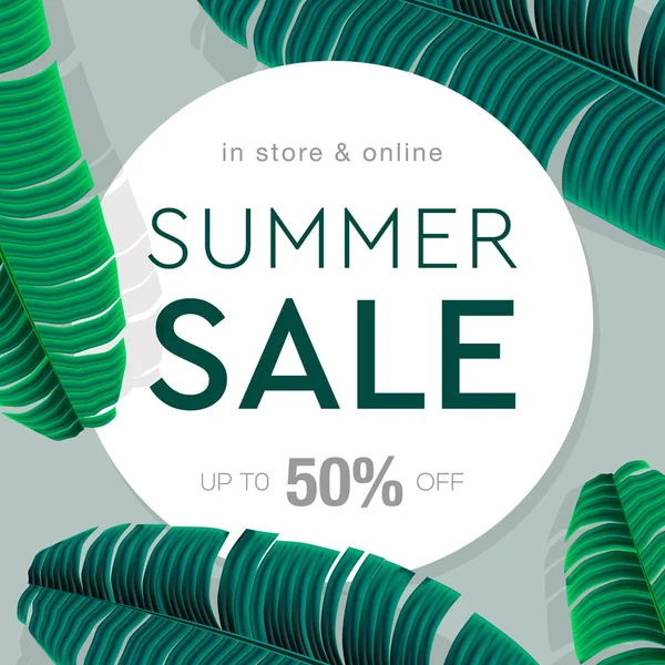 Summer Sale banner, poster con foglie di palma, foglia di giungla e scritte. Fondo tropicale floreale estate. Illustrazione vettoriale . — Vettoriale Stock